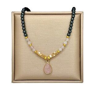 NWT Rose Quartz Teardrop Pendant Beaded Necklace 18K Plated Black Onyx Hematite